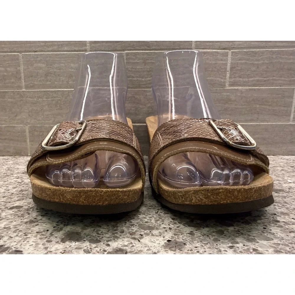 Vionic Orthaheel Ariana Brown Snakeskin Embossed Wedge Slide Sandals Buckle 10